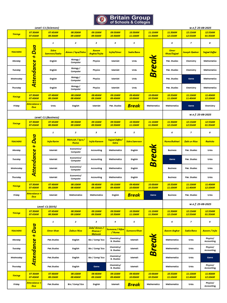 C1 Class Timings Schedule | PDF