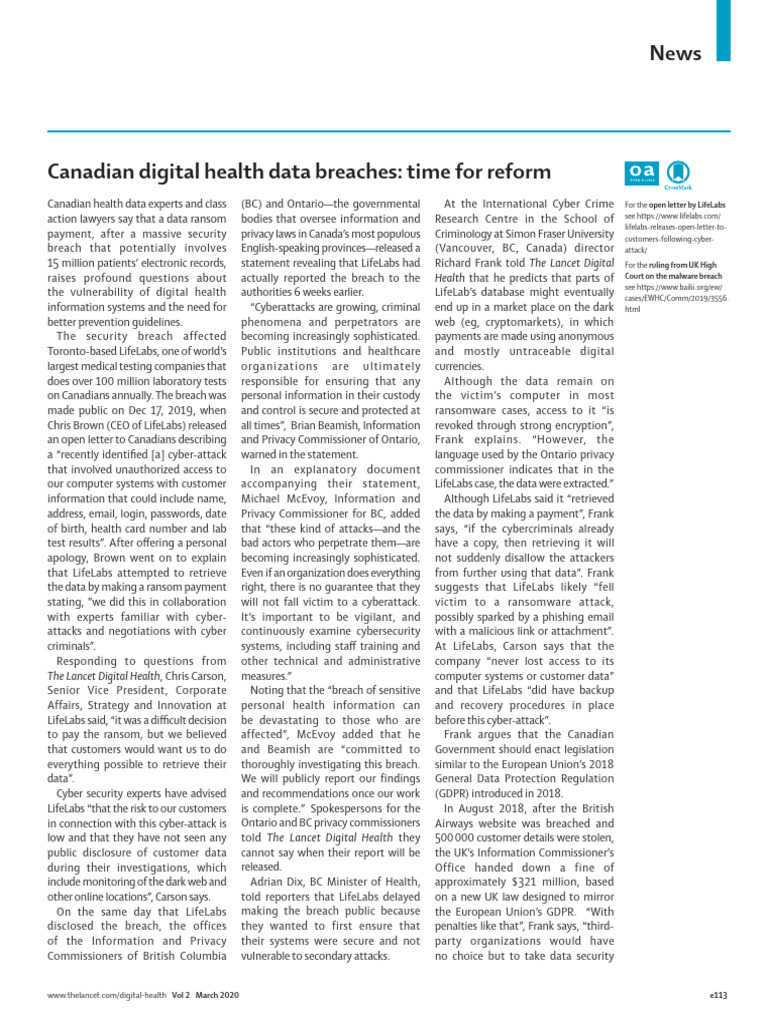 Canadian Digital Health Data Breaches Time For Re | PDF | Security ...
