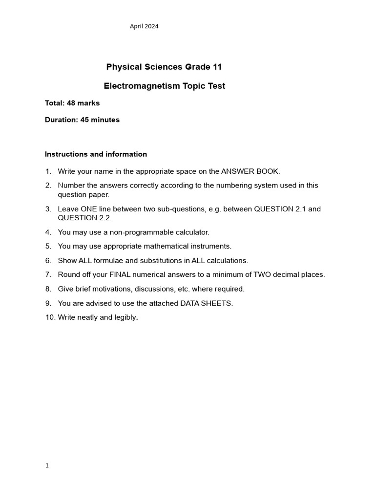 Grade 11 Electromagnetism Test 2024 | PDF | Magnetic Field ...
