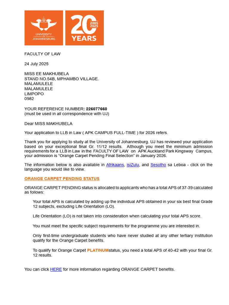 UJ LLB Admission Status Update 2026 | PDF | University And College ...