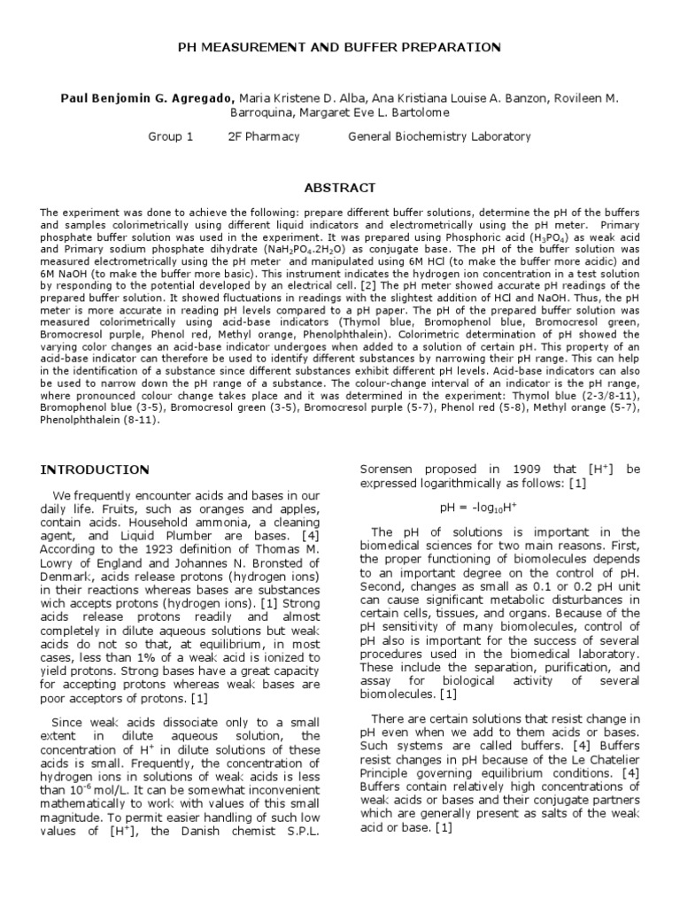 Ph Measurement and Buffer Preparation (Formal Report) Ph Acid