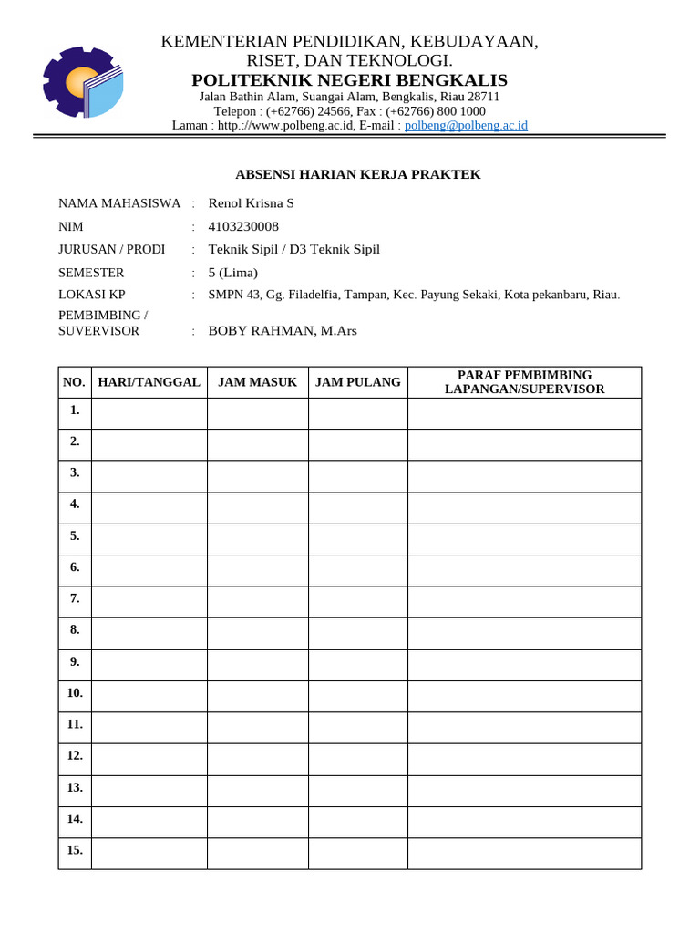 (Word) Format Lembar Absensi KP Polbeng | PDF