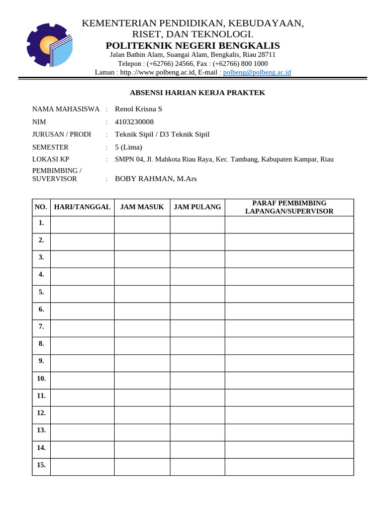 Absensi Kerja Praktek Teknik Sipil | PDF