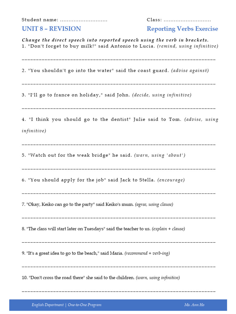 Reporting Verbs Exercise for Students | PDF