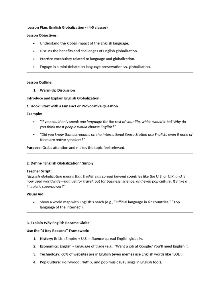 English Globalization Lesson Plan Pdf English Language Reading