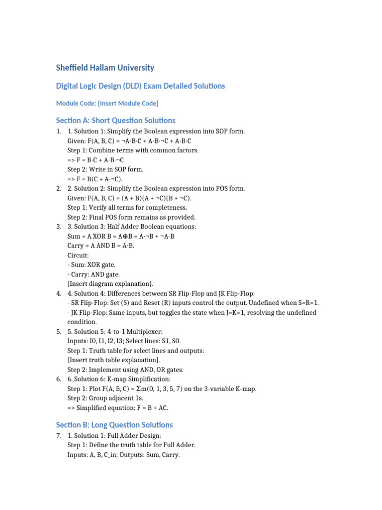 DLD Exam Solutions Overview | PDF | Electronic Engineering | Computer ...