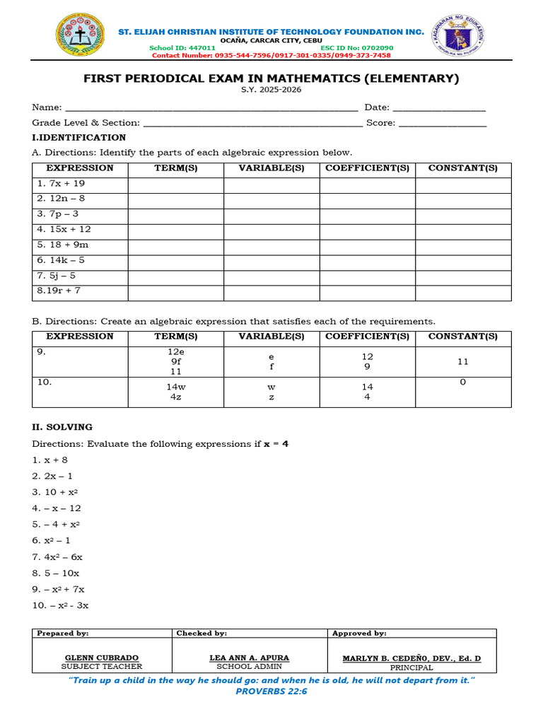 Elementary Math Periodical Exam | PDF