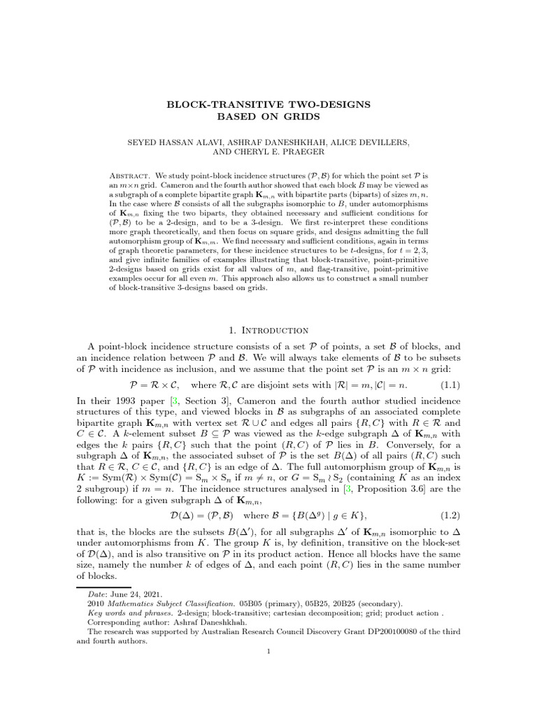 Block-Transitive Two-Designs on Grids | PDF | Theorem | Mathematics