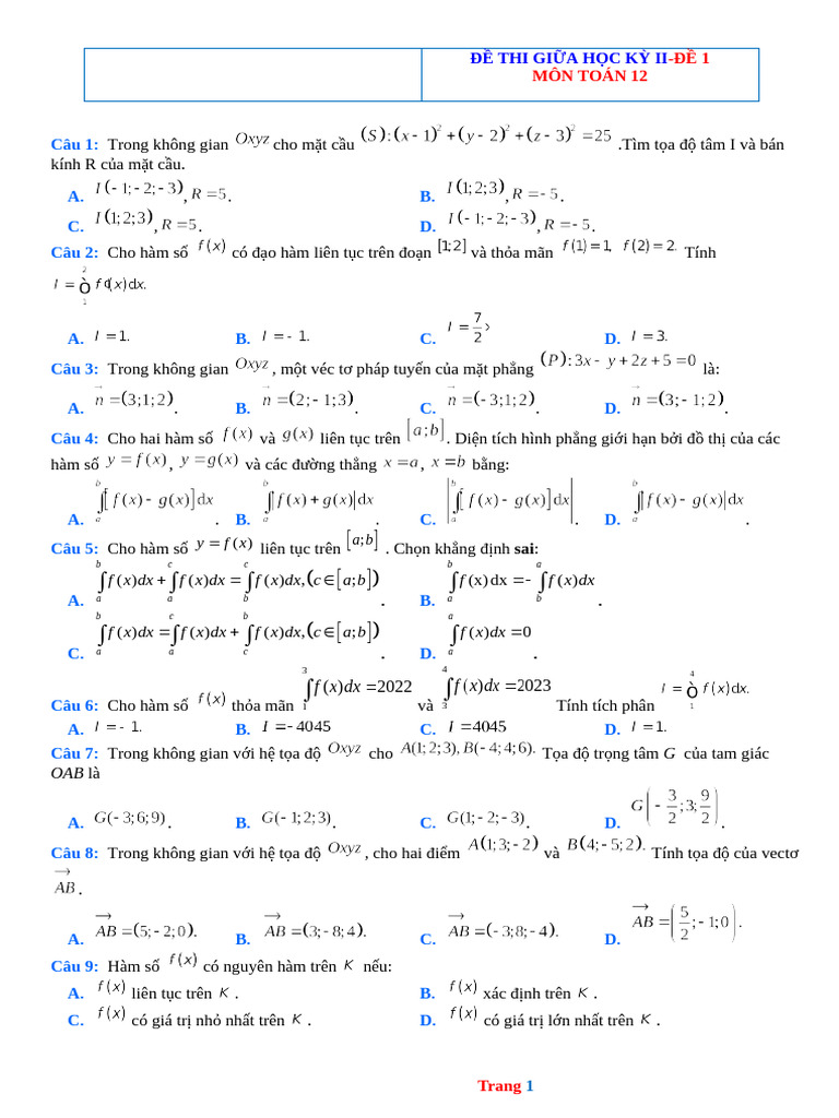 Bo de Thi Giua HK2 Toan 12 | PDF