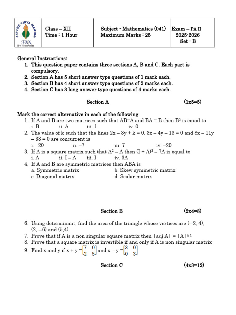 Class XII Mathematics Exam Paper PA II | PDF | Matrix (Mathematics ...