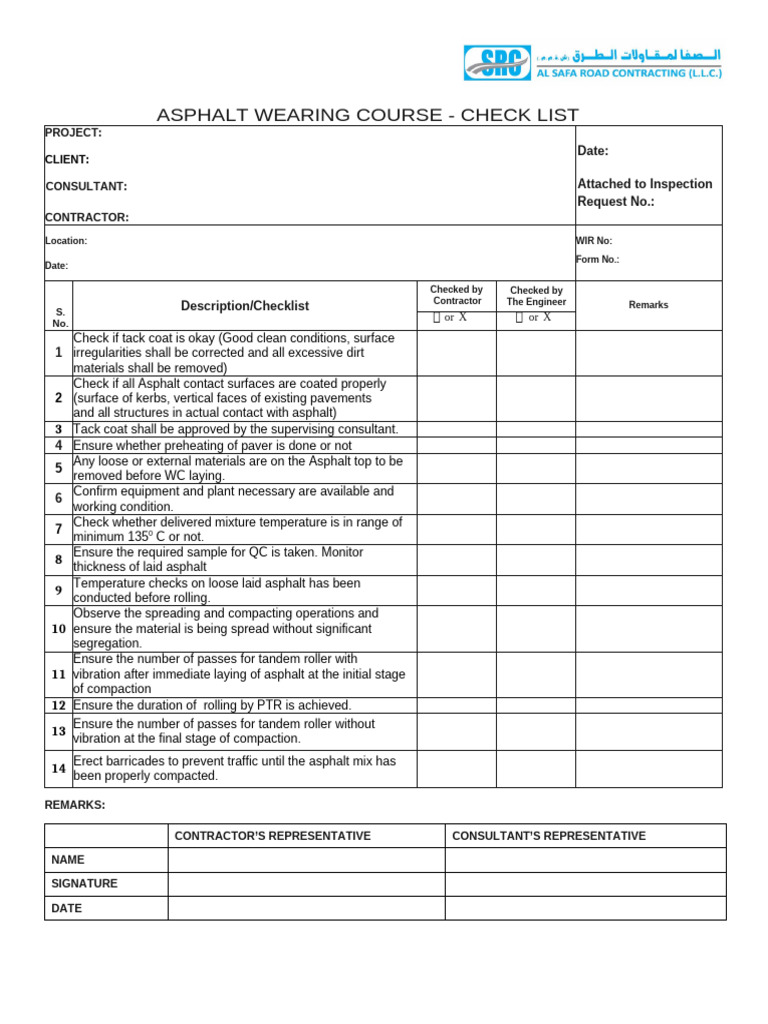 Asphalt Wearing Course Inspection Checklist | PDF | Road Surface ...