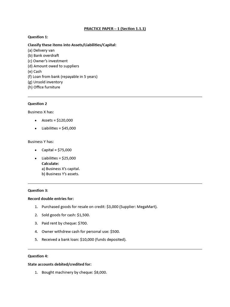 Accounting Practice Paper Questions | PDF