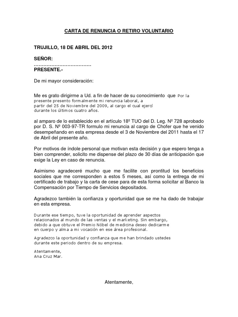 Carta de Renuncia o Retiro Voluntario Carta de Renuncia o Retiro Voluntario