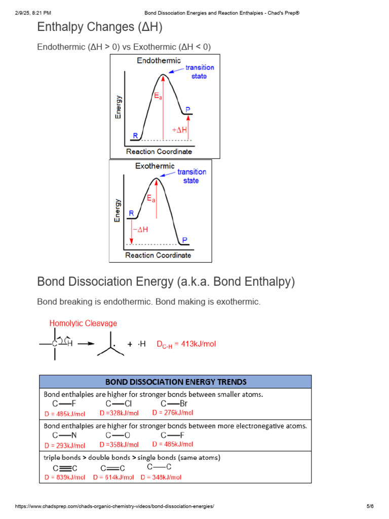 Bond Dissociation Energies and Reaction Enthalpies - Chad's Prep® | PDF