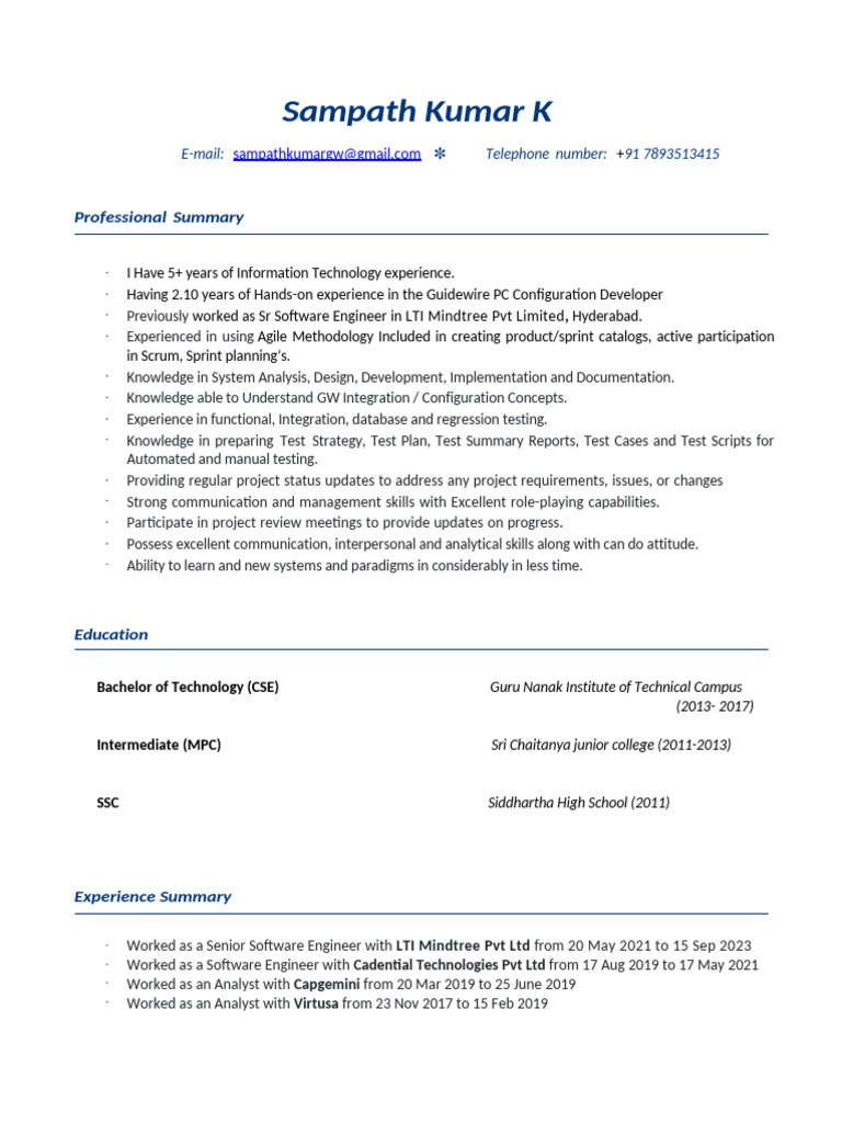 Guidewire Developer Resume - Sampath Kumar | PDF | Insurance | Software ...