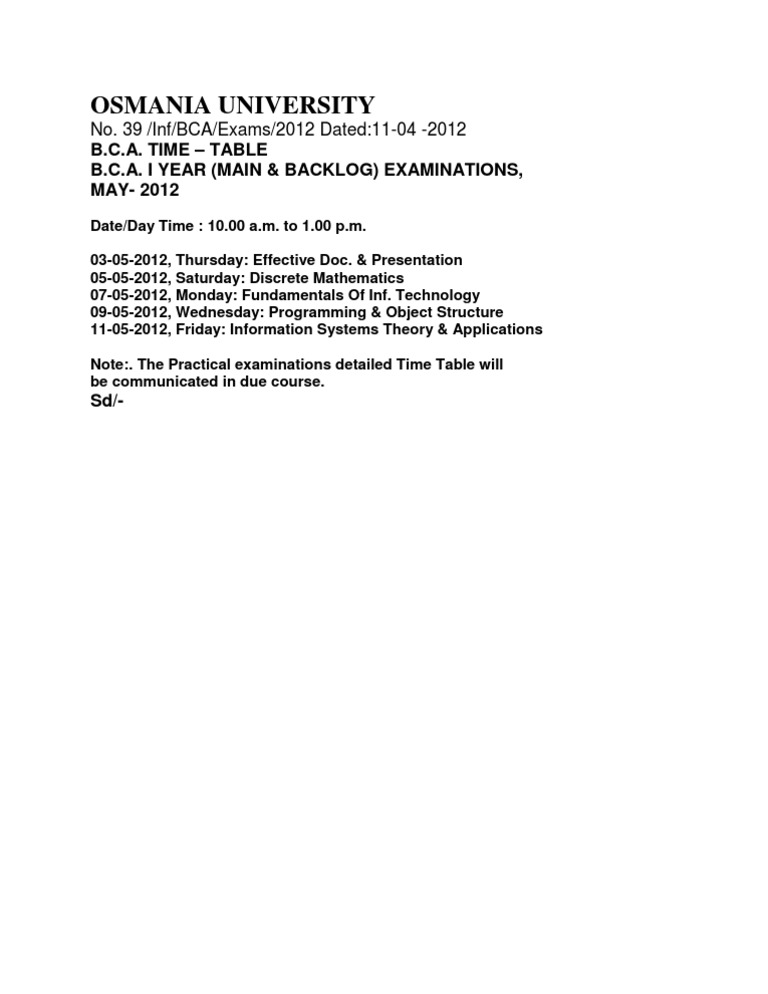 BCA I Year Exam Schedule May 2012 | PDF