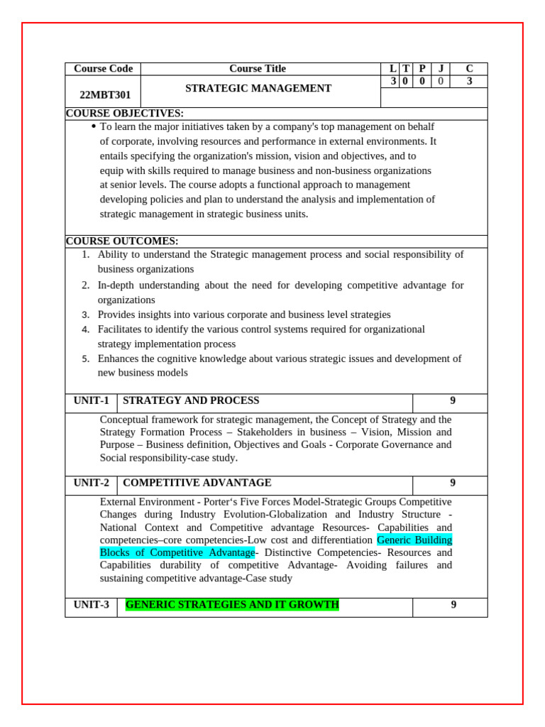 MBA Strategic Management Syllabus | PDF | Strategic Management ...