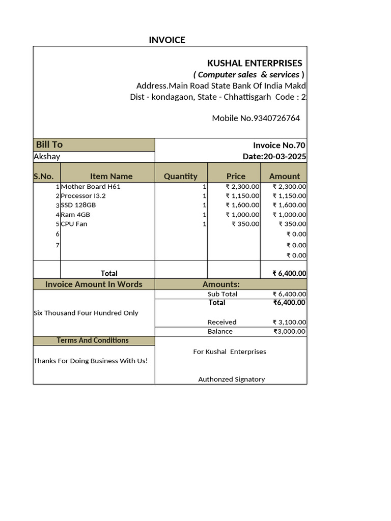 Invoice for Computer Parts Purchase | PDF