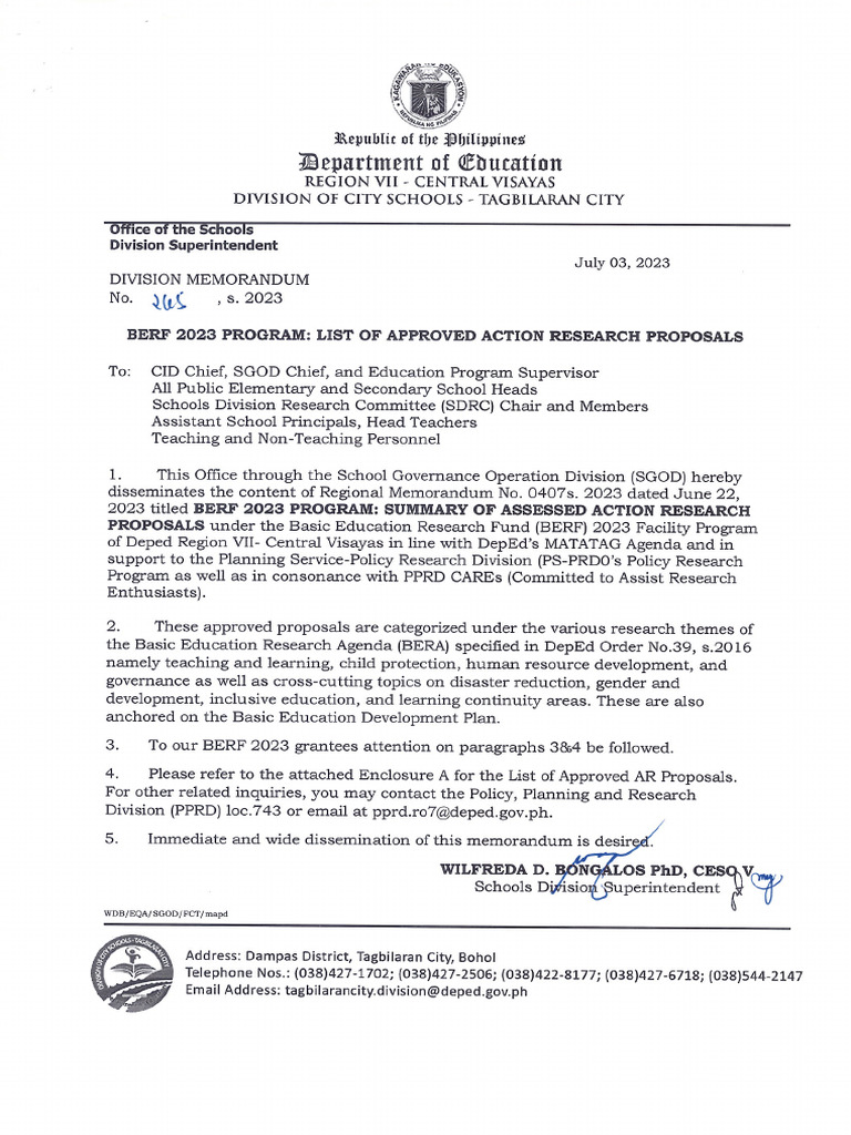 DM No. 265 S. 2023 Berf 2023 Program List of Approved Action Research ...