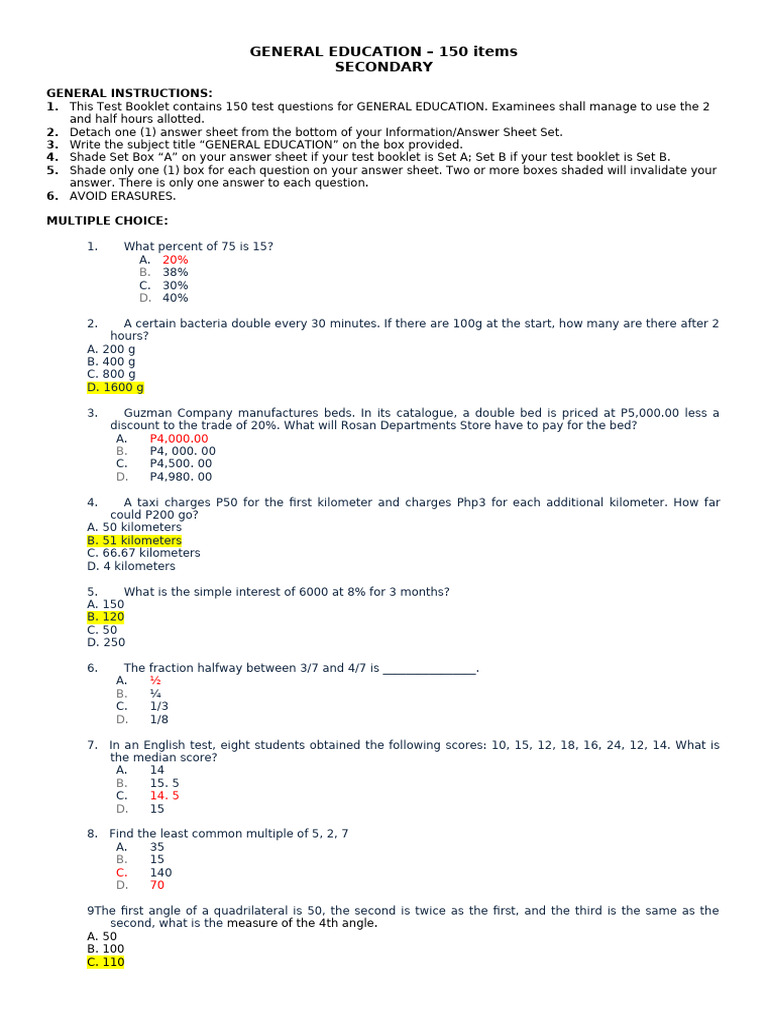 General Education Test Questions | PDF | Mean | Carbohydrates
