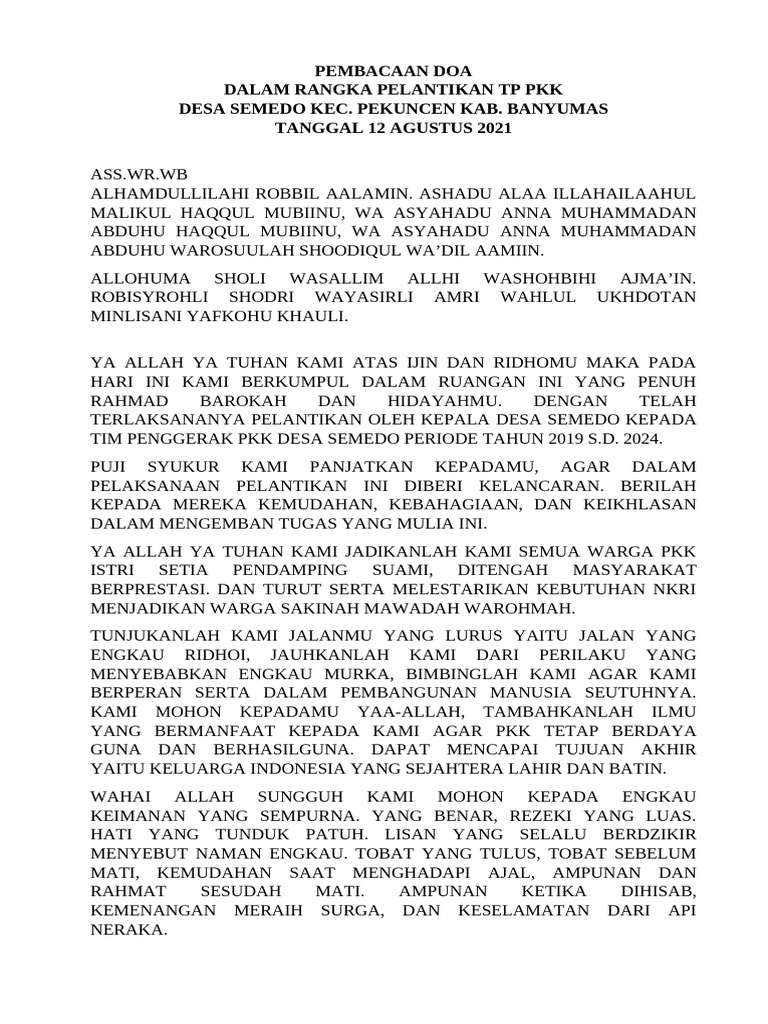 Doa Pelantikan TP PKK Desa Semedo | PDF