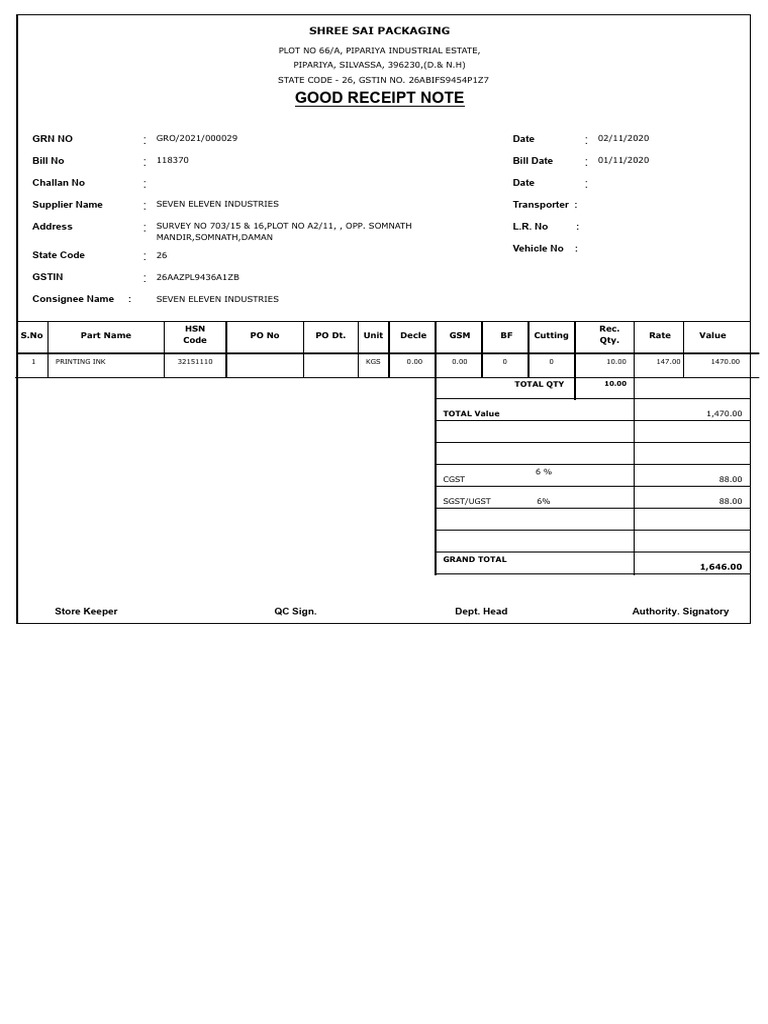 Good Receipt Note Template | PDF