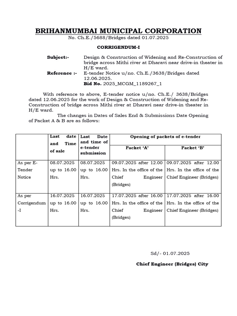 MCGM Bridge Construction Corrigendum | PDF