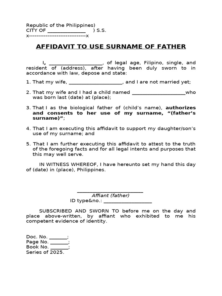 Affidavit To Use Surname of Father | PDF