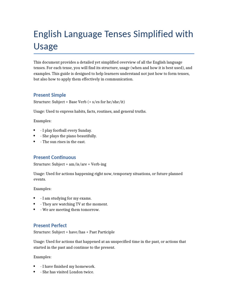 English Tenses Overview Guide | PDF | Grammatical Tense | Language Families