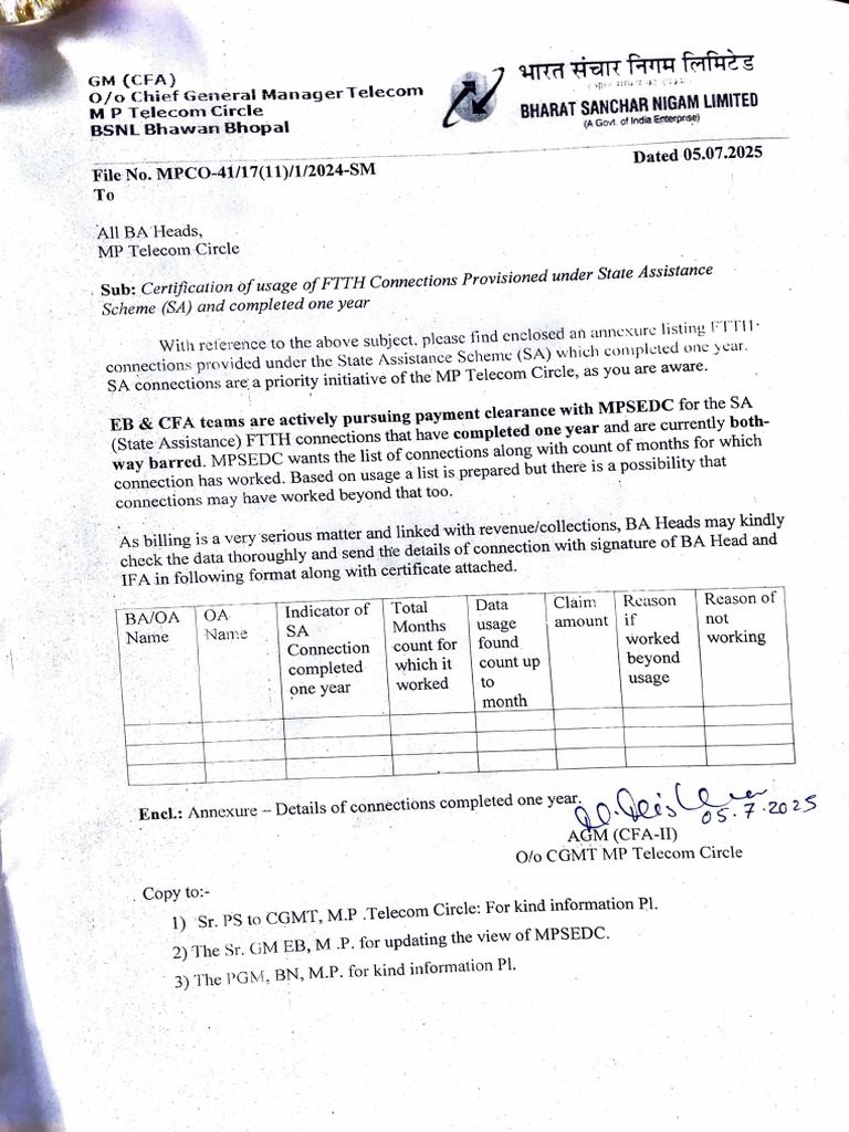 Certification of Usage of FTTH Connections Provisioned Under SA and ...
