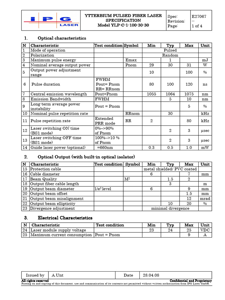 Ytterbium Pulsed Fiber Laser Specs | PDF | Laser | Fiber Optic ...