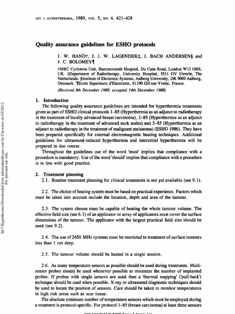 ESHO Hyperthermia Treatment Guidelines | PDF | Thermometer | Calibration