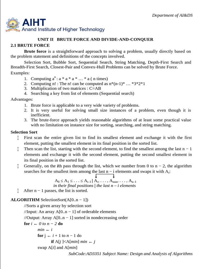 AD3351-DAA Unit 2 Notes | PDF | Algorithms And Data Structures | Algorithms
