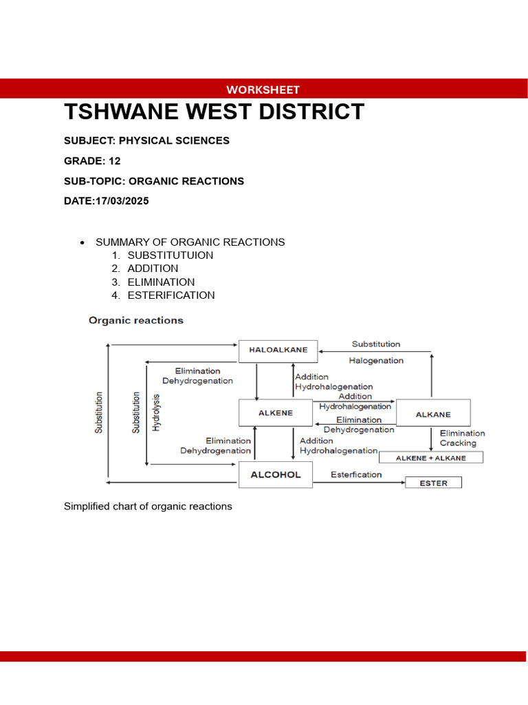 Grade 12 Organic Reactions Worksheet | PDF