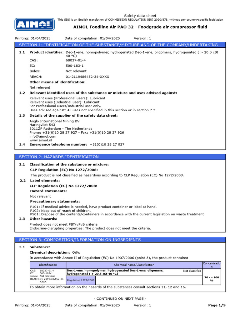Aimol Foodline Air Pao 32 - Sds-202504-En | PDF | Toxicity | Working ...