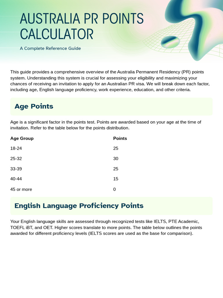 Australia PR Points Calculation Guide | PDF | International English ...