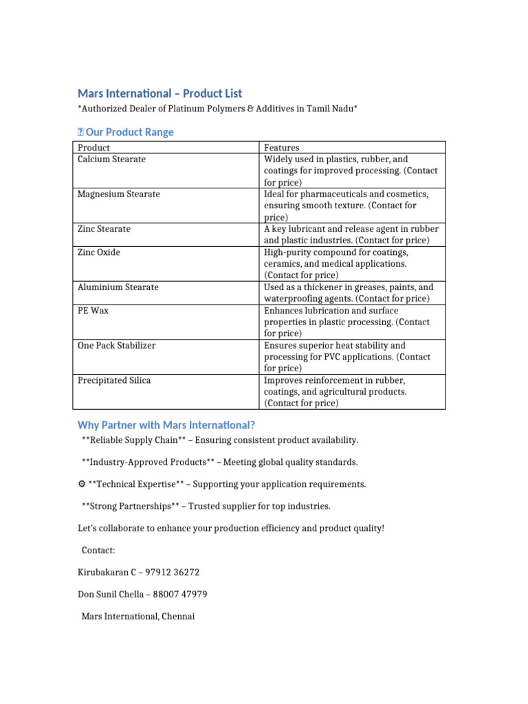 Mars International Product Offerings | PDF