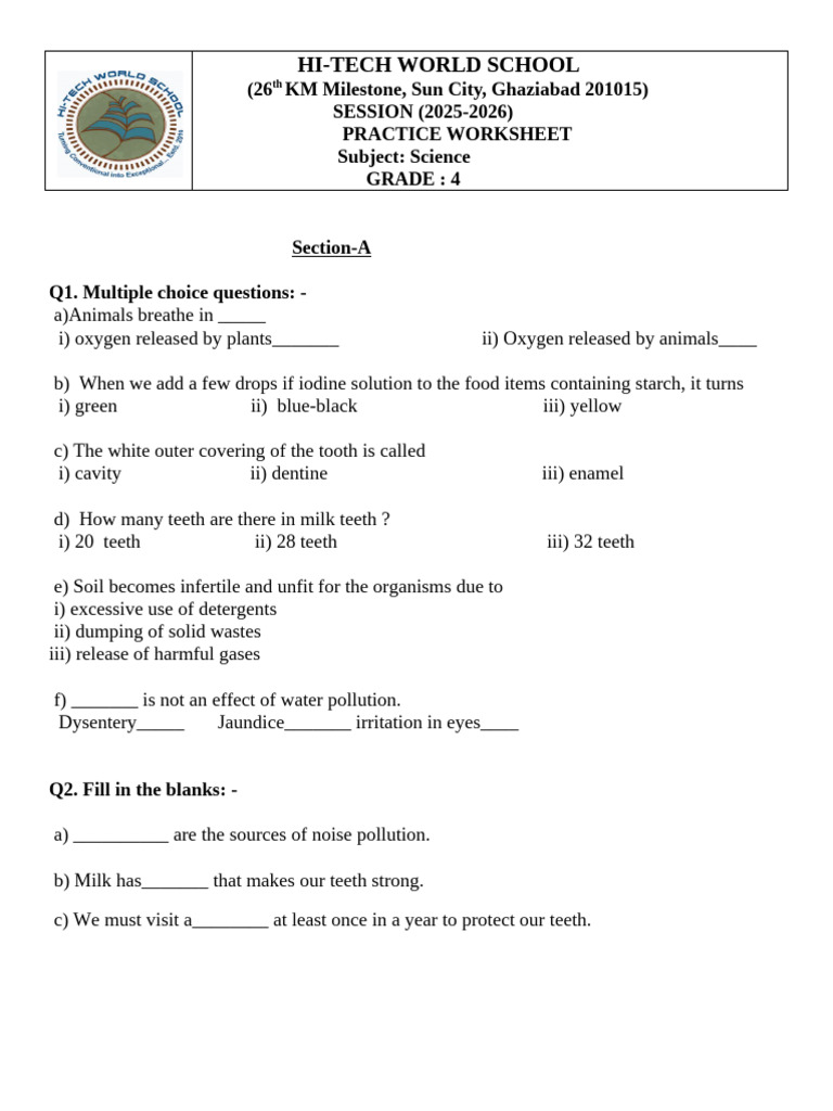 Grade 4 Science Practice Worksheet | PDF | Tooth