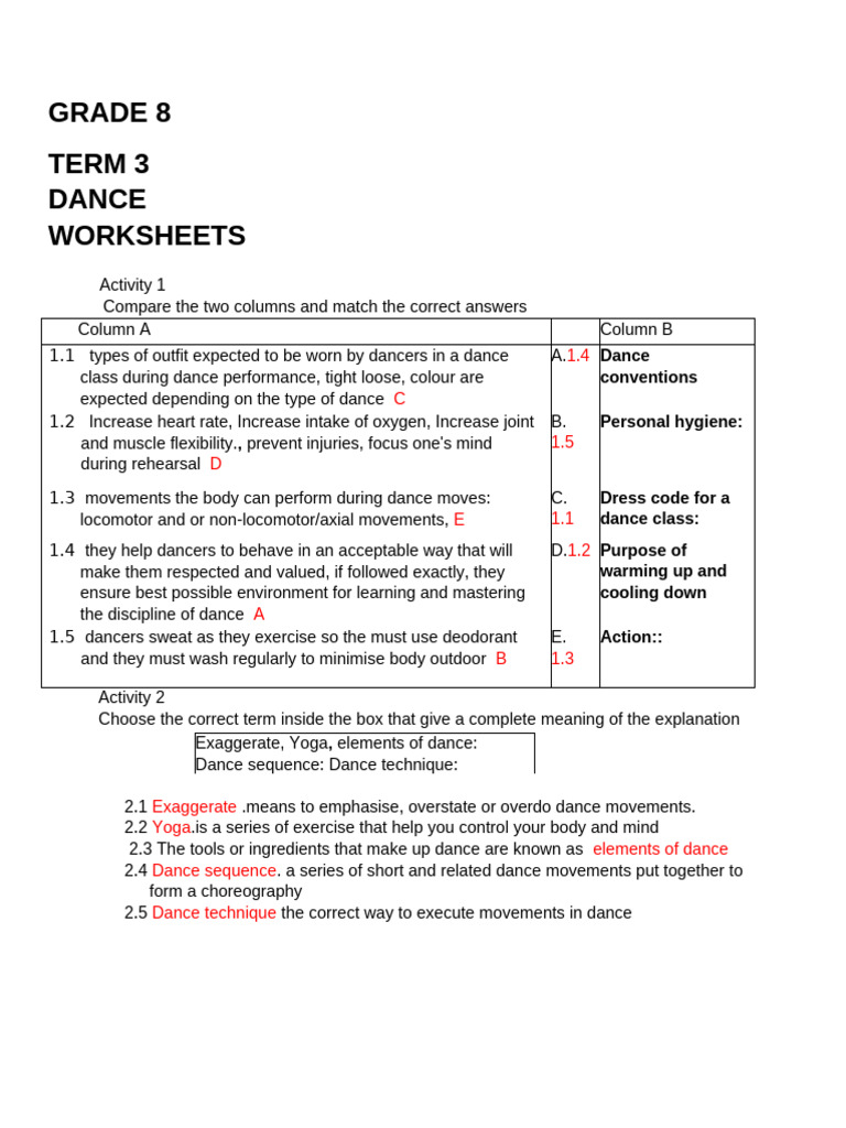 Grade 8 Dance Worksheets Term 3-4 | PDF | Performing Arts | Dances