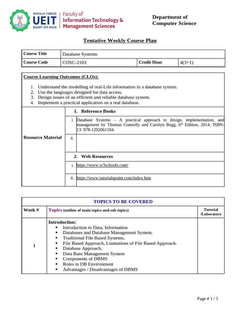 Database Systems Course Plan COSC-2103 | PDF | Databases | Relational Model