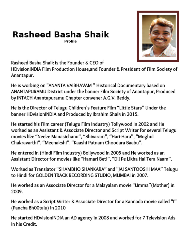 Rasheed Basha Shaik: Film Industry Profile | PDF