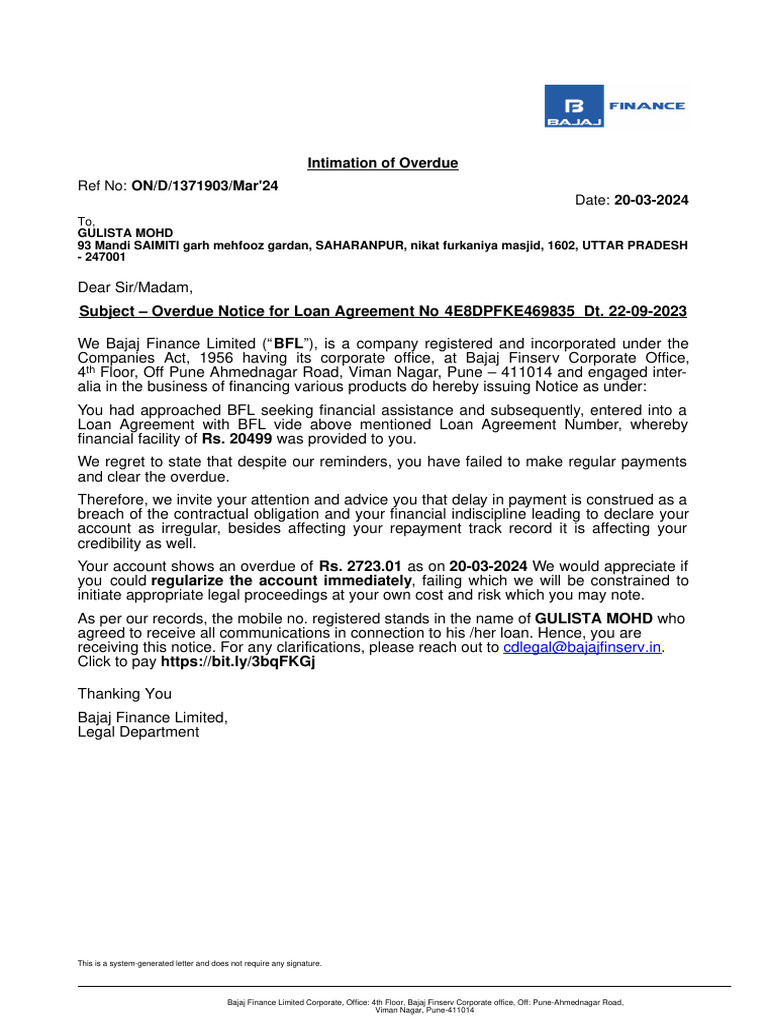Overdue Payment Notice from Bajaj Finance | PDF