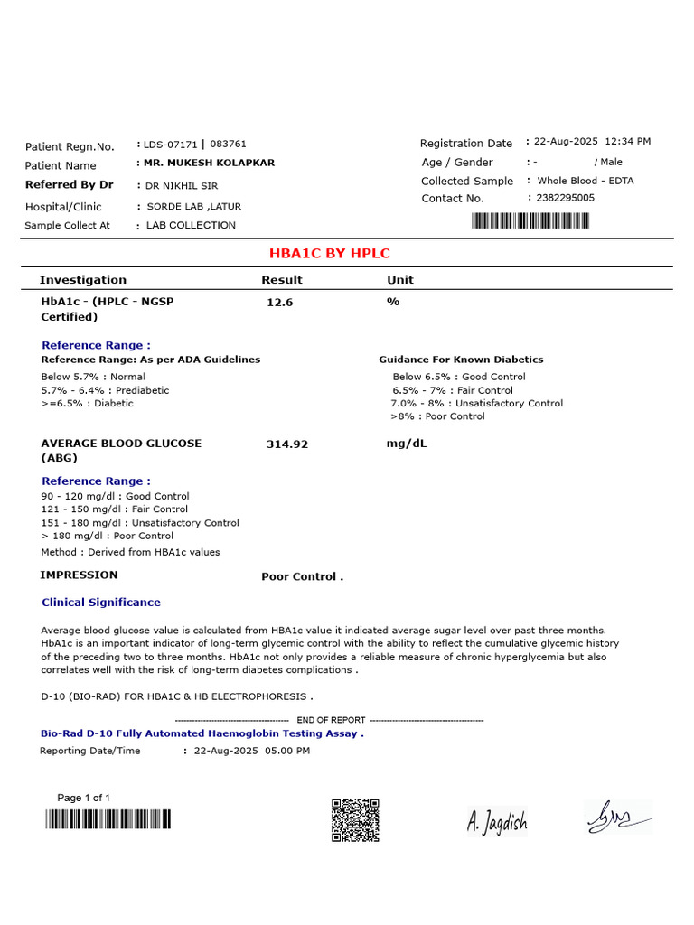 Diabetes Test Results for Mukesh Kolapkar | PDF | Glycated Hemoglobin ...