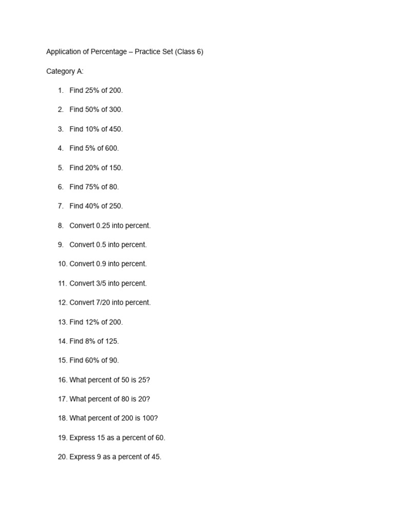 Percentage Practice Set for Class 6 | PDF | Percentage | Chess Openings