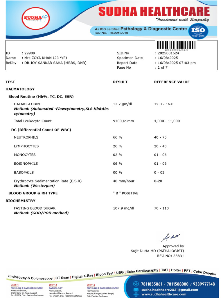 Comprehensive Blood Test Report for Zoya Khan | PDF | White Blood Cell ...