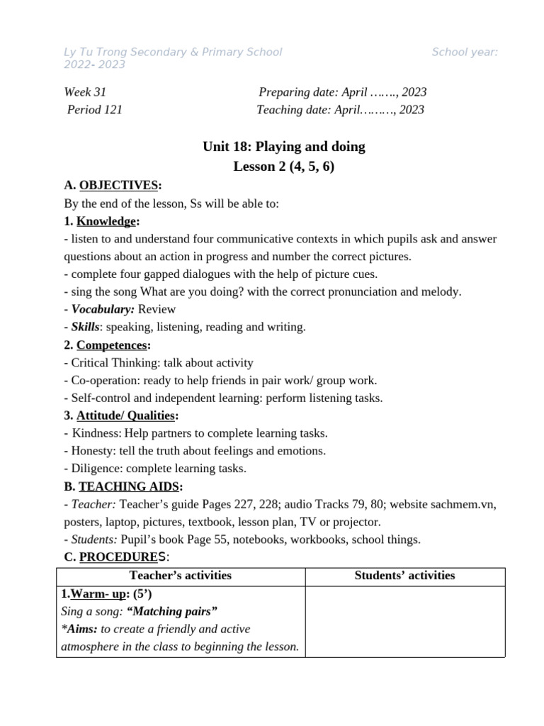 Unit 18 Lesson Plans for ESL Students | PDF | Teachers | Lesson Plan