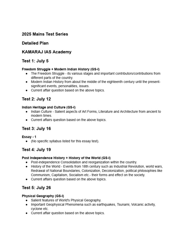 2025 IAS Mains Test Series Schedule | PDF | Governance | Economy Of India