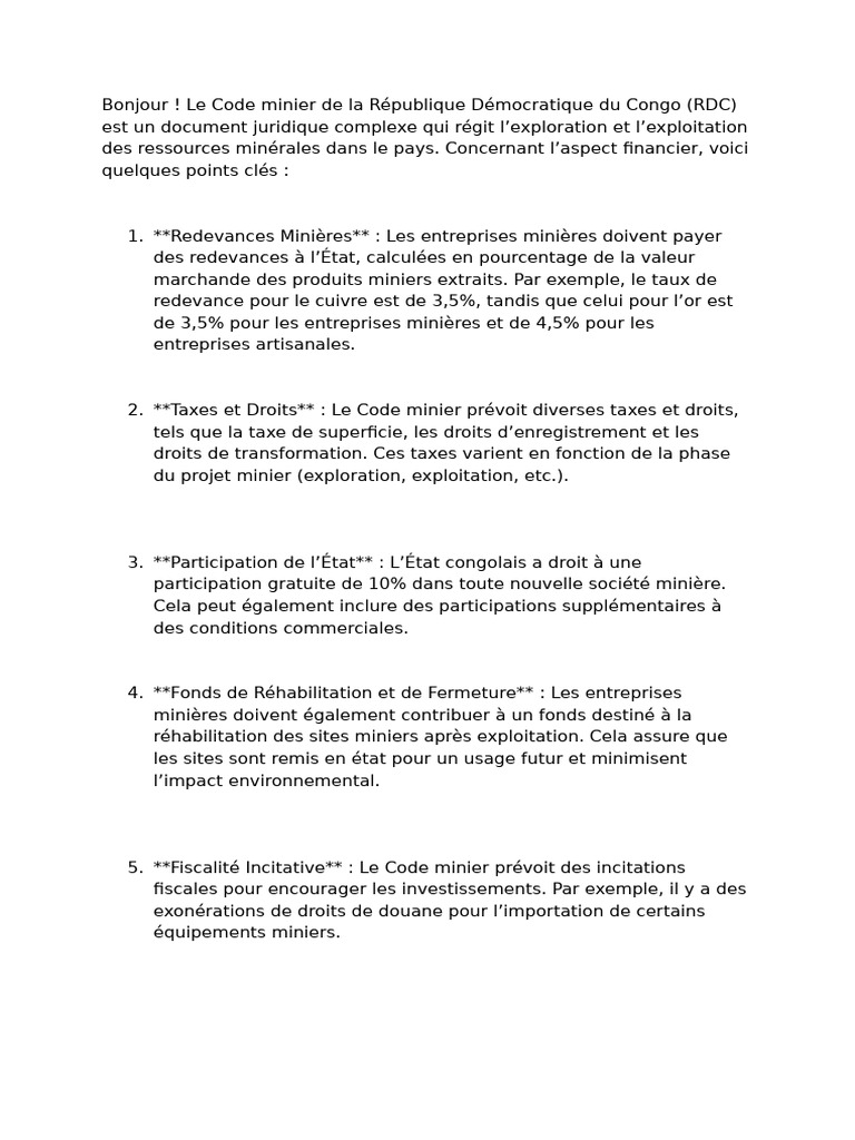 Finances du Code minier en RDC | PDF | République démocratique du Congo ...