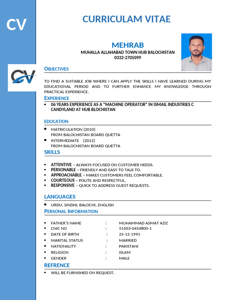 Machine Operator CV for Mehrab | PDF
