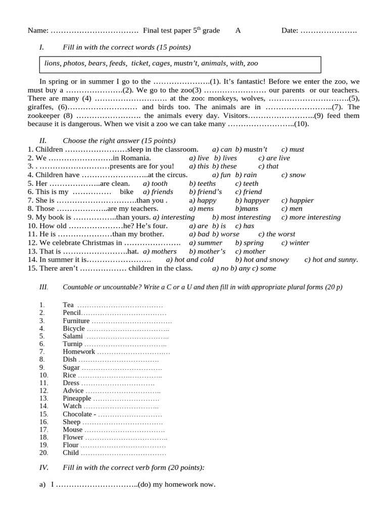 5th Grade Final Test Paper | PDF | Zoo
